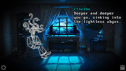 Screenshot of Cthulhu, pixel art of a man in a business suit with tentacles for a head, sitting comfortably in a living room which appears to be flooding with seawater. He says: Deeper and deeper you go, sinking into the lightless abyss.