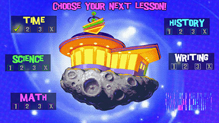 Screenshot of the cartoon diner in space. Text reads: Choose your next lesson! Options are time, history, science, writing, and math.