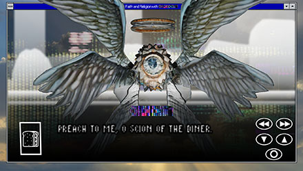 Screenshot of a biblically accurate angel with six wings and a giant eyeball, floating in front of the interface. Distorted text reads: Preach to me, o Scion of the Diner.